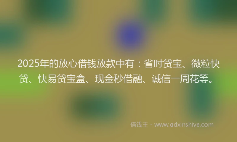 2025年的放心借钱放款中有：省时贷宝、微粒快贷、快易贷宝盒、现金秒借融、诚信一周花等。