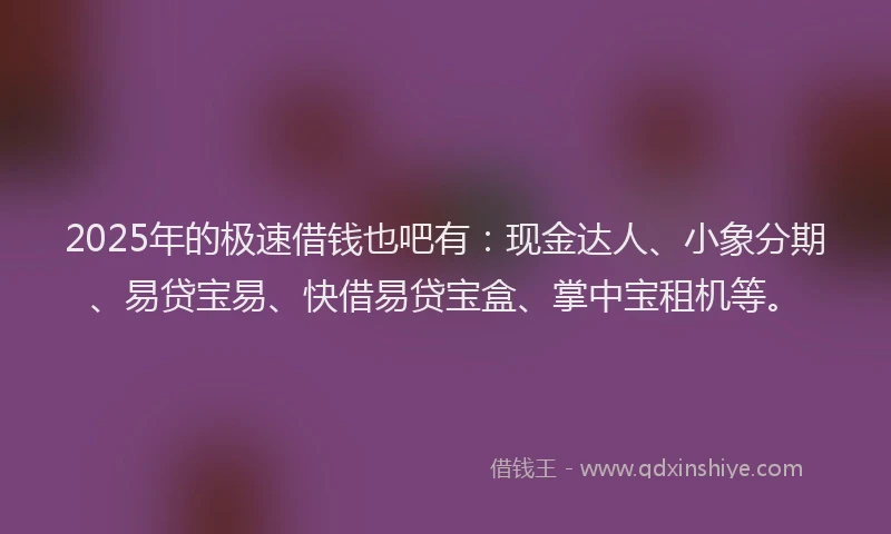 2025年的极速借钱也吧有：现金达人、小象分期、易贷宝易、快借易贷宝盒、掌中宝租机等。