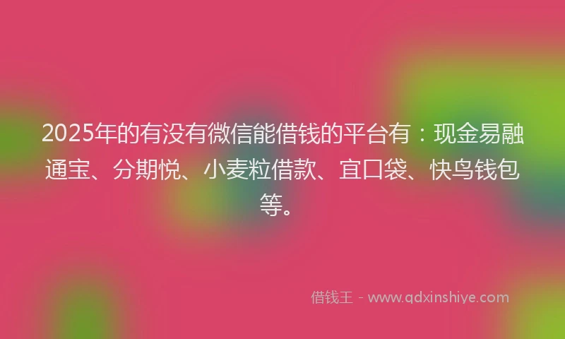 2025年的有没有微信能借钱的平台有：现金易融通宝、分期悦、小麦粒借款、宜口袋、快鸟钱包等。