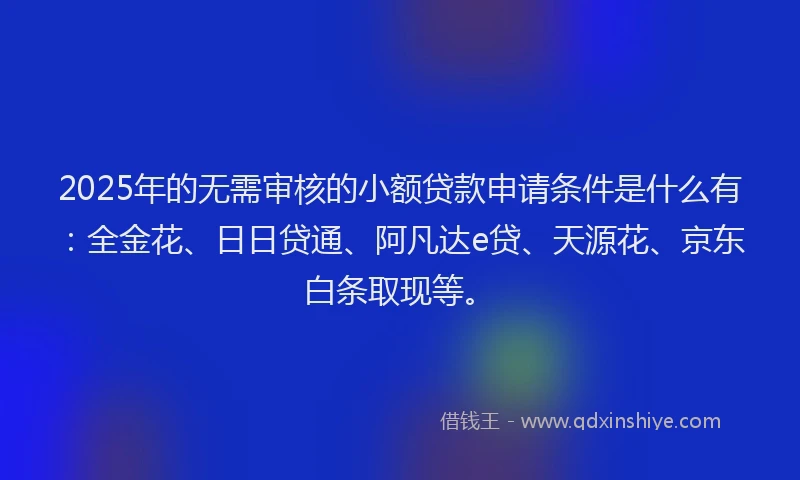 2025年的无需审核的小额贷款申请条件是什么有：全金花、日日贷通、阿凡达e贷、天源花、京东白条取现等。