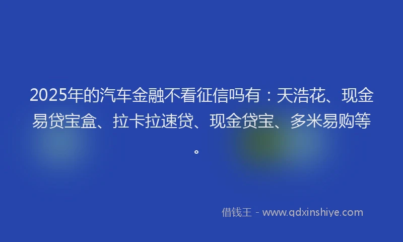 2025年的汽车金融不看征信吗有：天浩花、现金易贷宝盒、拉卡拉速贷、现金贷宝、多米易购等。