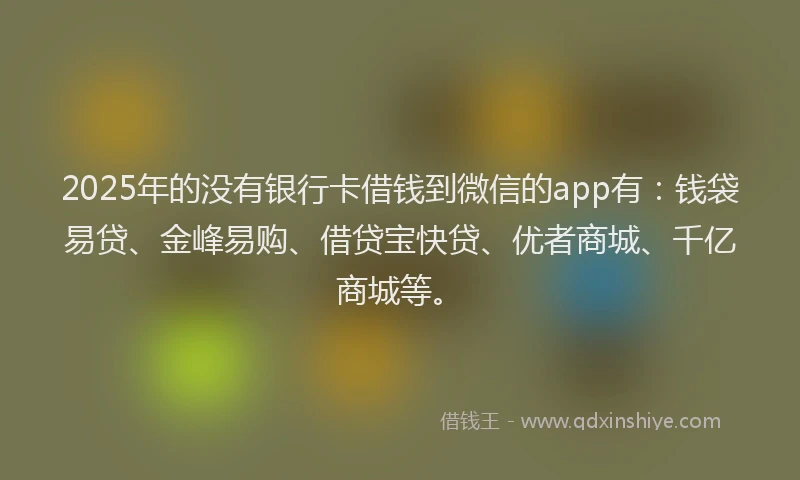 2025年的没有银行卡借钱到微信的app有：钱袋易贷、金峰易购、借贷宝快贷、优者商城、千亿商城等。