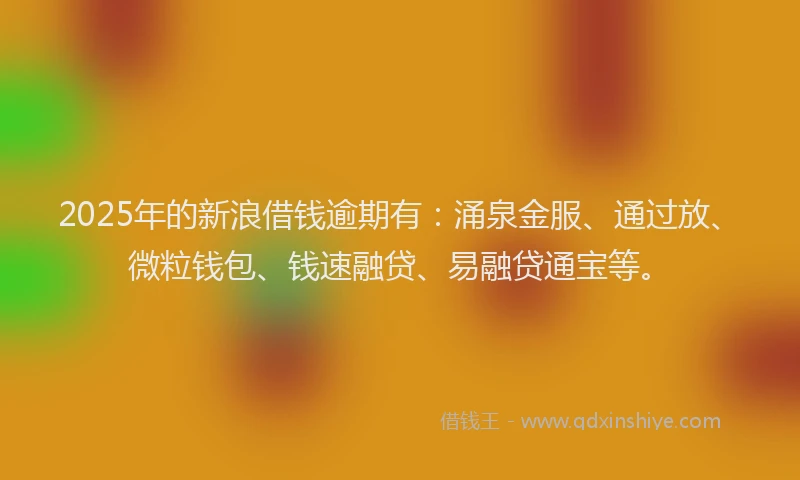 2025年的新浪借钱逾期有：涌泉金服、通过放、微粒钱包、钱速融贷、易融贷通宝等。