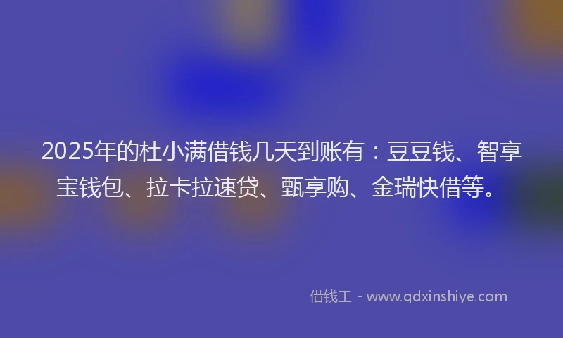 2025年的杜小满借钱几天到账有：豆豆钱、智享宝钱包、拉卡拉速贷、甄享购、金瑞快借等。
