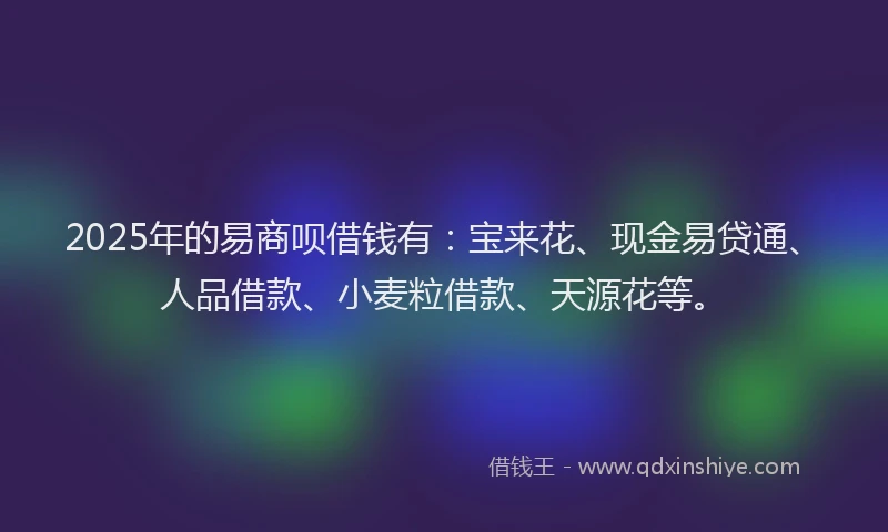 2025年的易商呗借钱有：宝来花、现金易贷通、人品借款、小麦粒借款、天源花等。