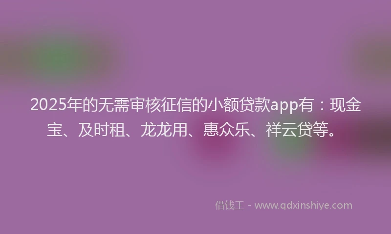 2025年的无需审核征信的小额贷款app有：现金宝、及时租、龙龙用、惠众乐、祥云贷等。