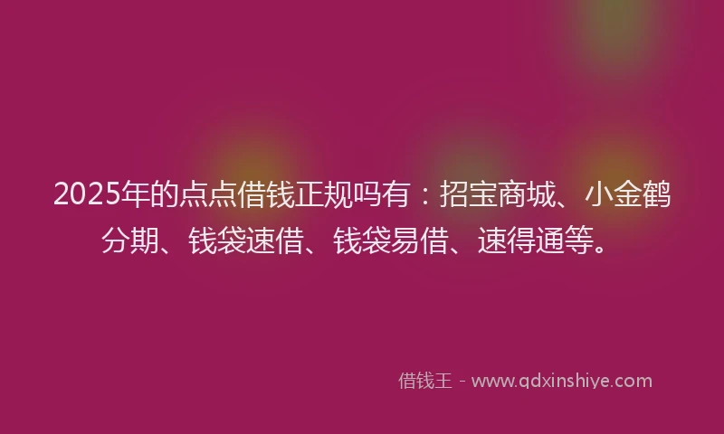 2025年的点点借钱正规吗有：招宝商城、小金鹤分期、钱袋速借、钱袋易借、速得通等。