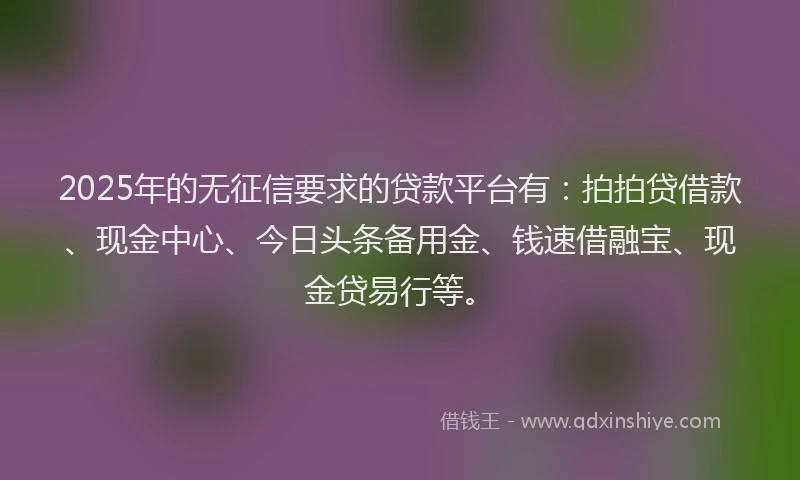 2025年的无征信要求的贷款平台有：拍拍贷借款、现金中心、今日头条备用金、钱速借融宝、现金贷易行等。