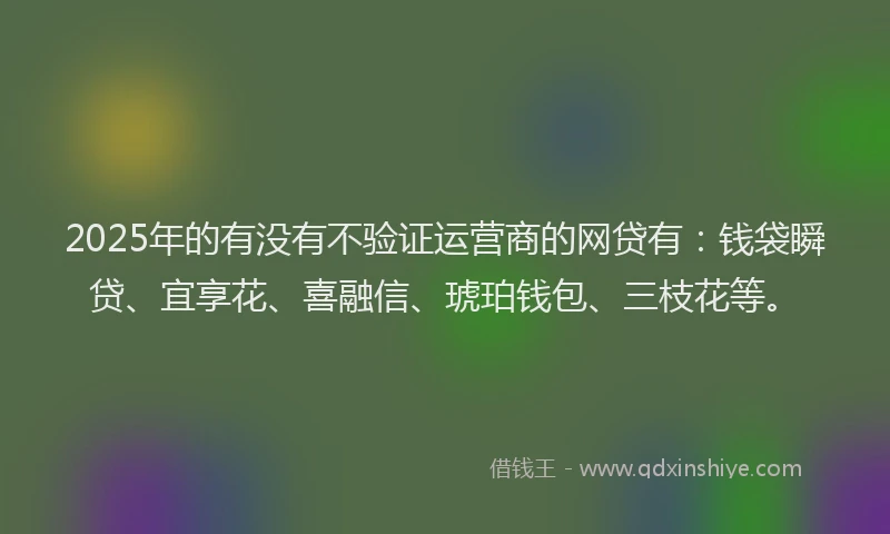 2025年的有没有不验证运营商的网贷有：钱袋瞬贷、宜享花、喜融信、琥珀钱包、三枝花等。