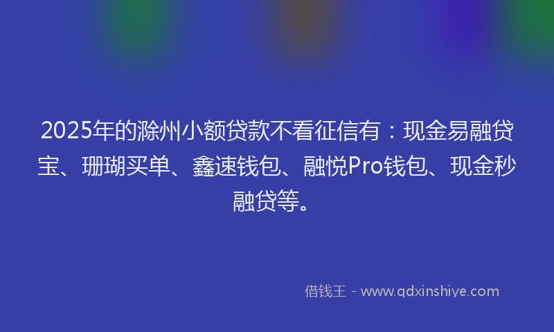 2025年的滁州小额贷款不看征信有：现金易融贷宝、珊瑚买单、鑫速钱包、融悦Pro钱包、现金秒融贷等。