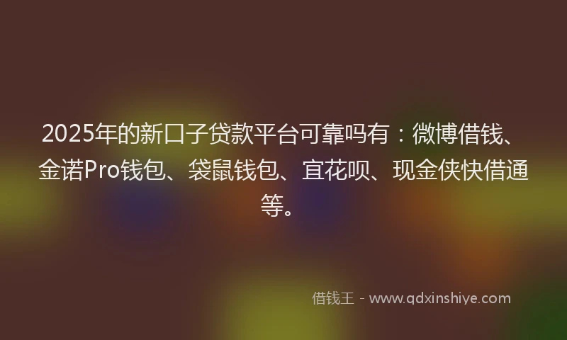 2025年的新口子贷款平台可靠吗有：微博借钱、金诺Pro钱包、袋鼠钱包、宜花呗、现金侠快借通等。