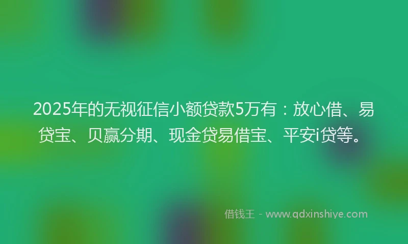 2025年的无视征信小额贷款5万有：放心借、易贷宝、贝赢分期、现金贷易借宝、平安i贷等。