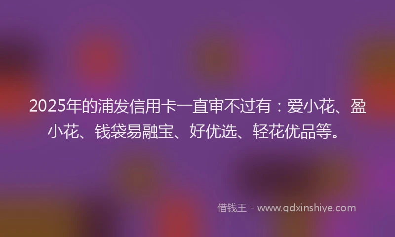2025年的浦发信用卡一直审不过有：爱小花、盈小花、钱袋易融宝、好优选、轻花优品等。