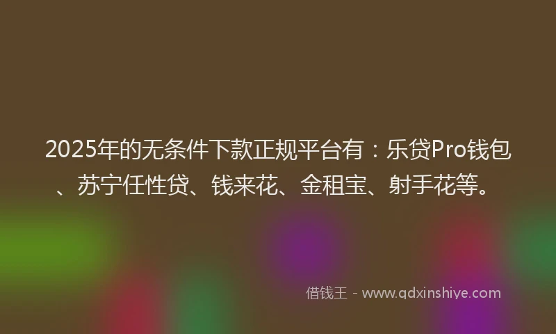 2025年的无条件下款正规平台有：乐贷Pro钱包、苏宁任性贷、钱来花、金租宝、射手花等。