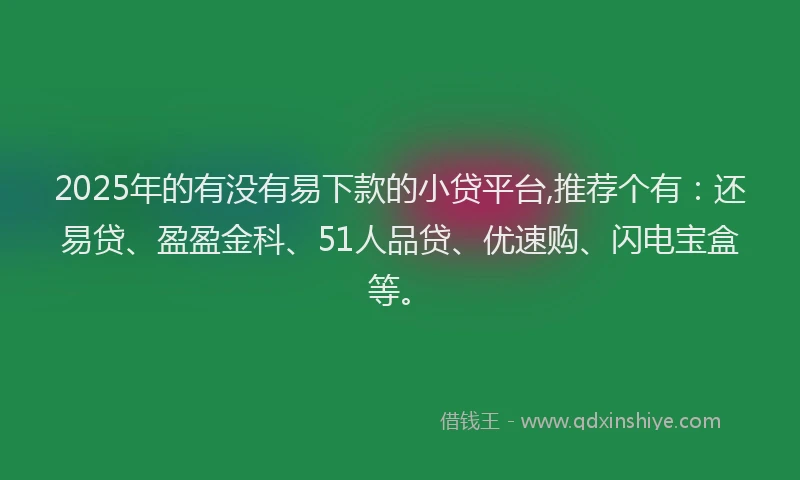 2025年的有没有易下款的小贷平台,推荐个有：还易贷、盈盈金科、51人品贷、优速购、闪电宝盒等。