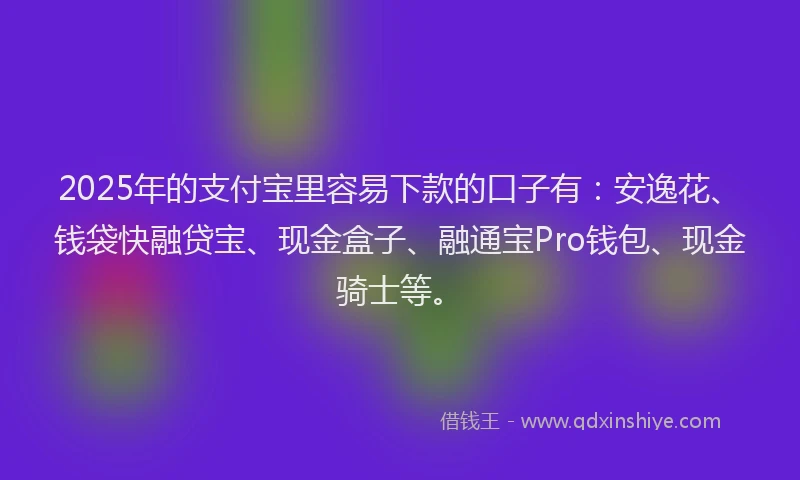 2025年的支付宝里容易下款的口子有：安逸花、钱袋快融贷宝、现金盒子、融通宝Pro钱包、现金骑士等。
