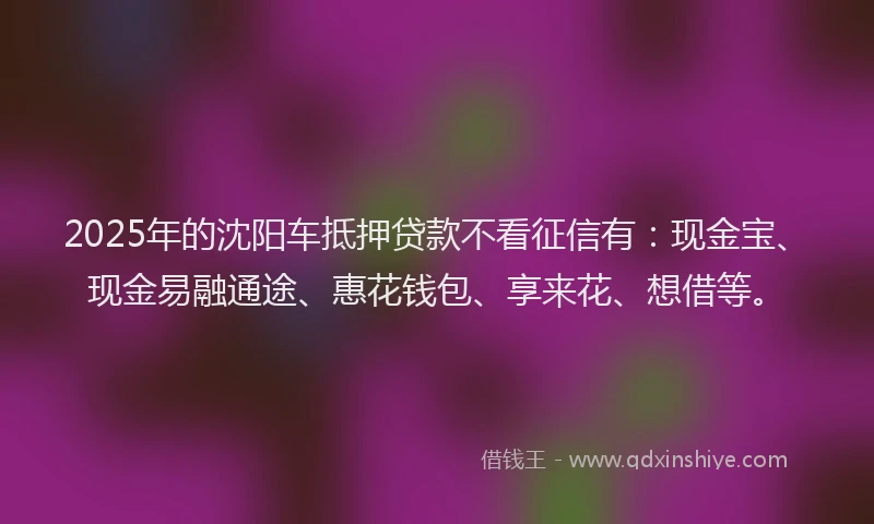 2025年的沈阳车抵押贷款不看征信有：现金宝、现金易融通途、惠花钱包、享来花、想借等。