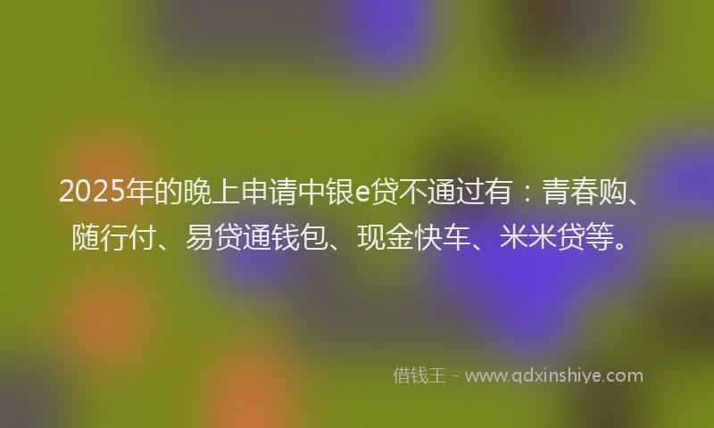 2025年的晚上申请中银e贷不通过有：青春购、随行付、易贷通钱包、现金快车、米米贷等。