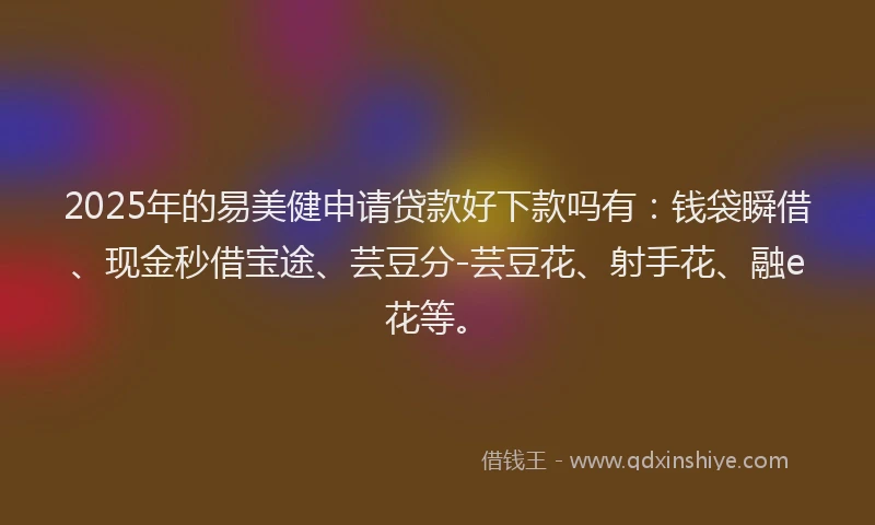 2025年的易美健申请贷款好下款吗有：钱袋瞬借、现金秒借宝途、芸豆分-芸豆花、射手花、融e花等。