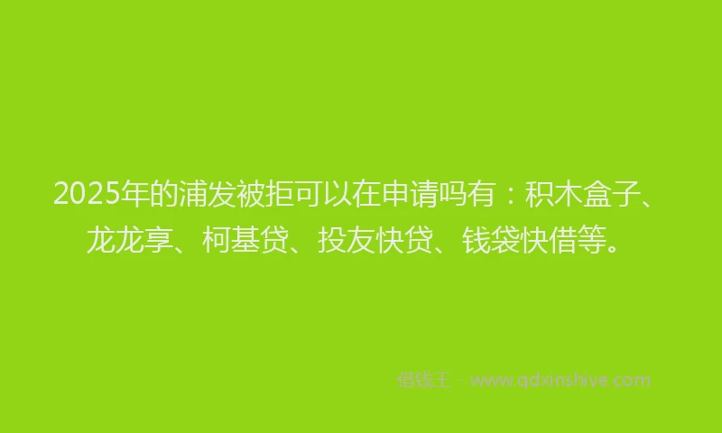 2025年的浦发被拒可以在申请吗有：积木盒子、龙龙享、柯基贷、投友快贷、钱袋快借等。