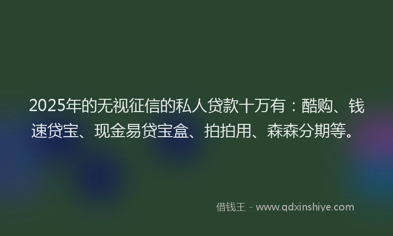 2025年的无视征信的私人贷款十万有：酷购、钱速贷宝、现金易贷宝盒、拍拍用、森森分期等。