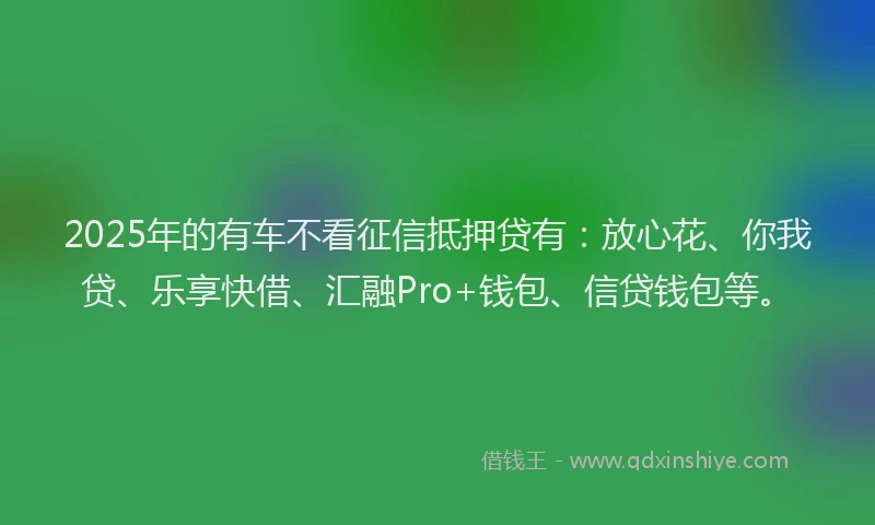2025年的有车不看征信抵押贷有：放心花、你我贷、乐享快借、汇融Pro+钱包、信贷钱包等。