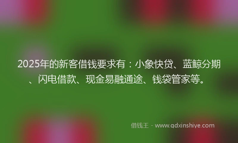 2025年的新客借钱要求有：小象快贷、蓝鲸分期、闪电借款、现金易融通途、钱袋管家等。