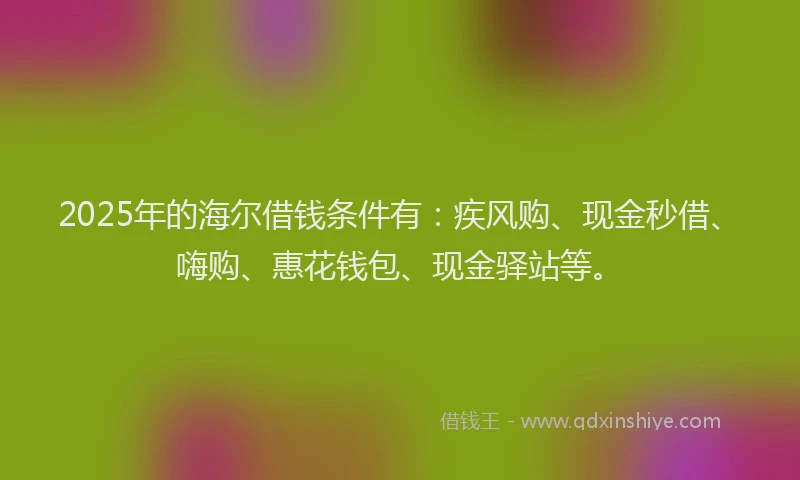 2025年的海尔借钱条件有：疾风购、现金秒借、嗨购、惠花钱包、现金驿站等。