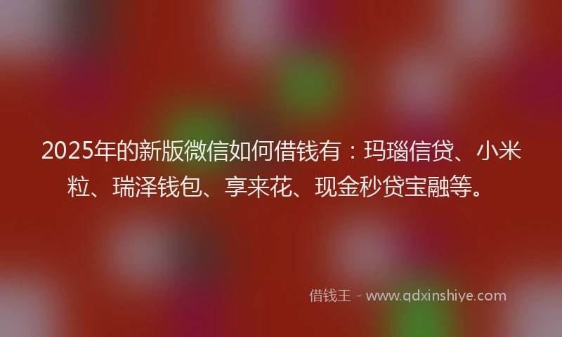 2025年的新版微信如何借钱有：玛瑙信贷、小米粒、瑞泽钱包、享来花、现金秒贷宝融等。