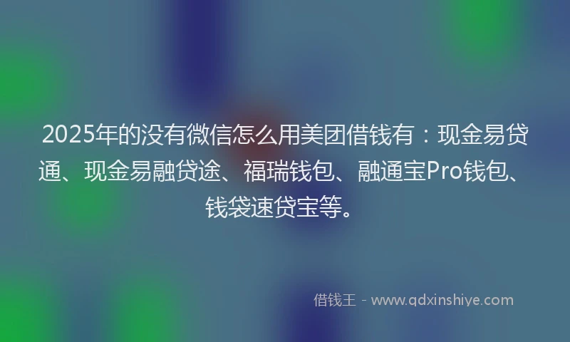2025年的没有微信怎么用美团借钱有:现金易贷通、现金易融贷途、福瑞钱包、融通宝Pro钱包、钱袋速贷宝等。