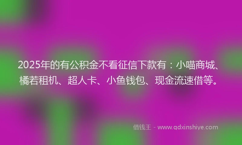 2025年的有公积金不看征信下款有：小喵商城、橘若租机、超人卡、小鱼钱包、现金流速借等。