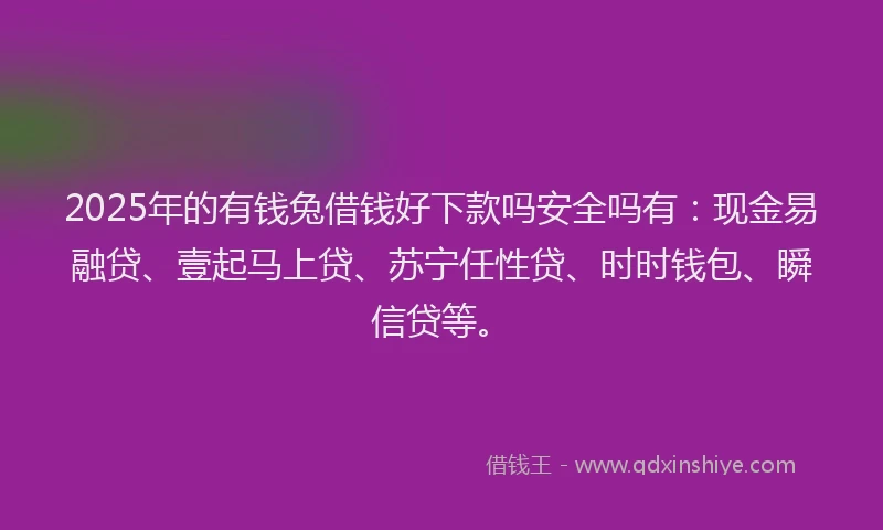 2025年的有钱兔借钱好下款吗安全吗有：现金易融贷、壹起马上贷、苏宁任性贷、时时钱包、瞬信贷等。