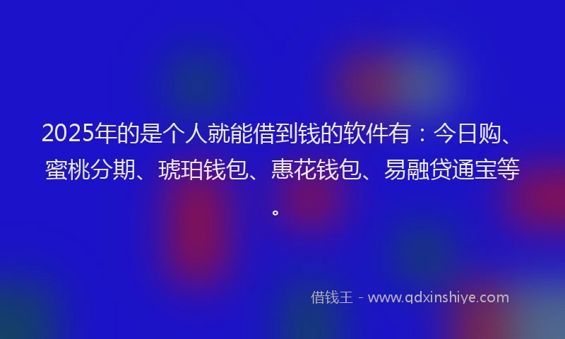 2025年的是个人就能借到钱的软件有：今日购、蜜桃分期、琥珀钱包、惠花钱包、易融贷通宝等。