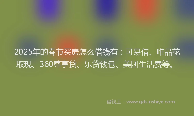 2025年的春节买房怎么借钱有：可易借、唯品花取现、360尊享贷、乐贷钱包、美团生活费等。
