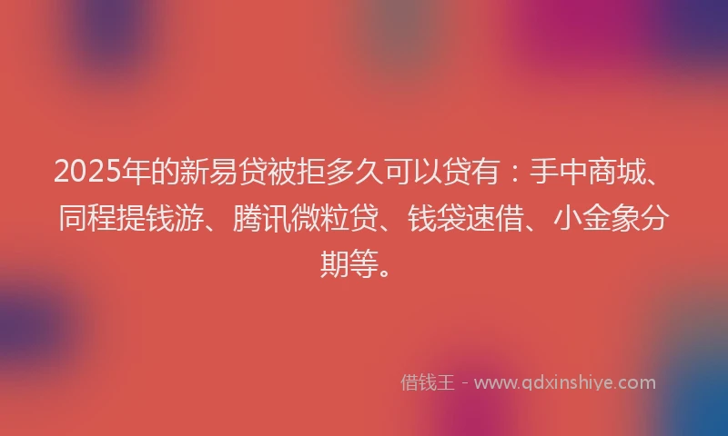 2025年的新易贷被拒多久可以贷有：手中商城、同程提钱游、腾讯微粒贷、钱袋速借、小金象分期等。