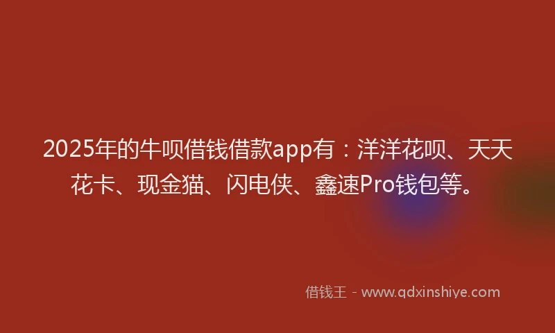 2025年的牛呗借钱借款app有：洋洋花呗、天天花卡、现金猫、闪电侠、鑫速Pro钱包等。