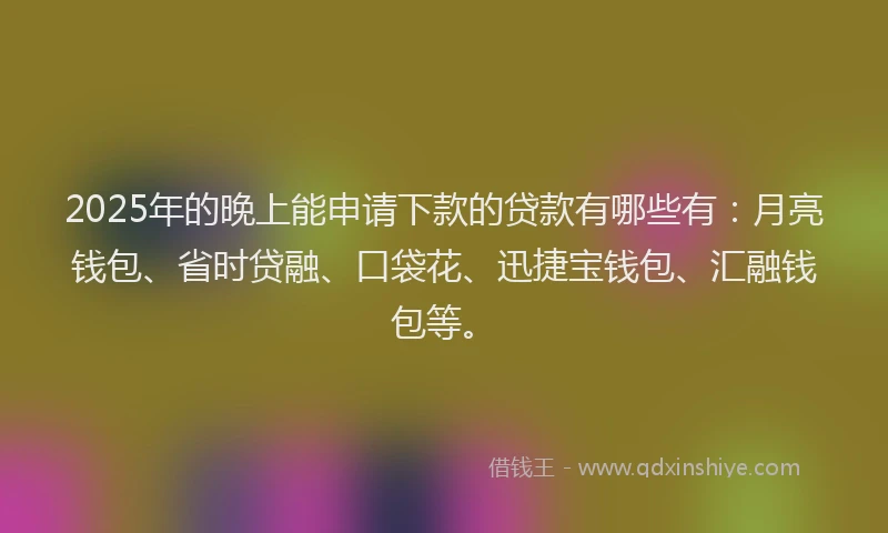 2025年的晚上能申请下款的贷款有哪些有：月亮钱包、省时贷融、口袋花、迅捷宝钱包、汇融钱包等。