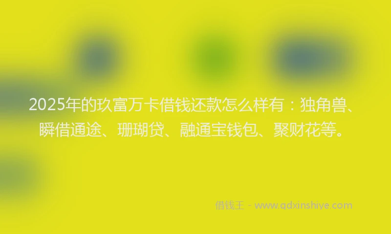 2025年的玖富万卡借钱还款怎么样有：独角兽、瞬借通途、珊瑚贷、融通宝钱包、聚财花等。