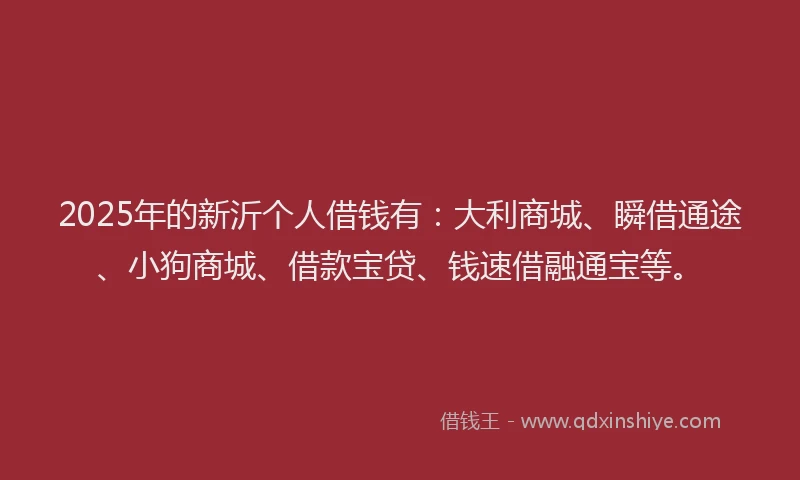 2025年的新沂个人借钱有：大利商城、瞬借通途、小狗商城、借款宝贷、钱速借融通宝等。