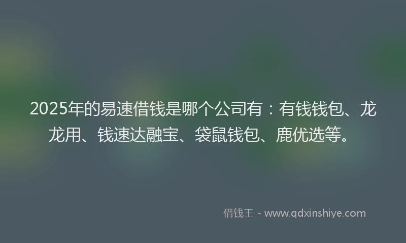 2025年的易速借钱是哪个公司有：有钱钱包、龙龙用、钱速达融宝、袋鼠钱包、鹿优选等。