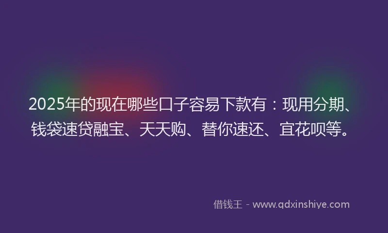 2025年的现在哪些口子容易下款有：现用分期、钱袋速贷融宝、天天购、替你速还、宜花呗等。