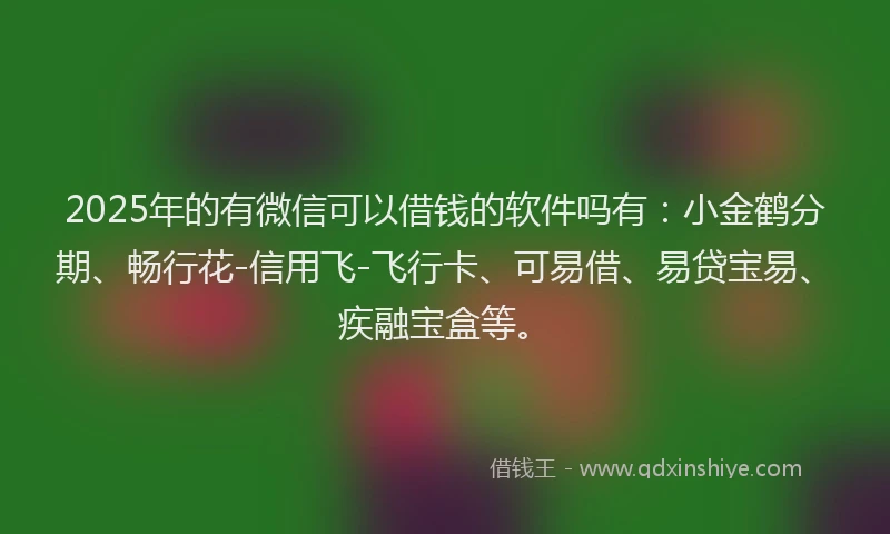 2025年的有微信可以借钱的软件吗有：小金鹤分期、畅行花-信用飞-飞行卡、可易借、易贷宝易、疾融宝盒等。