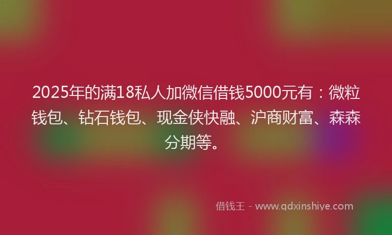 2025年的满18私人加微信借钱5000元有：微粒钱包、钻石钱包、现金侠快融、沪商财富、森森分期等。