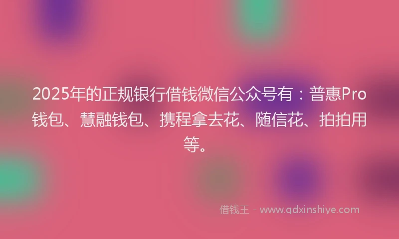 2025年的正规银行借钱微信公众号有：普惠Pro钱包、慧融钱包、携程拿去花、随信花、拍拍用等。