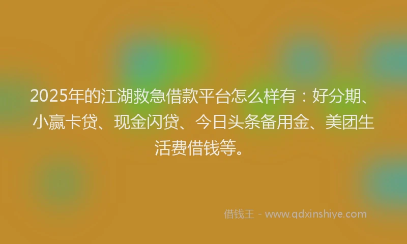 2025年的江湖救急借款平台怎么样有：好分期、小赢卡贷、现金闪贷、今日头条备用金、美团生活费借钱等。