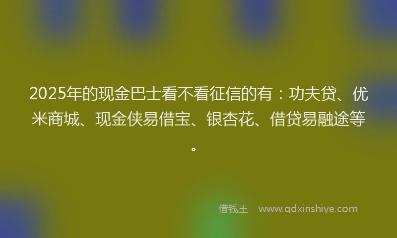 2025年的现金巴士看不看征信的有：功夫贷、优米商城、现金侠易借宝、银杏花、借贷易融途等。