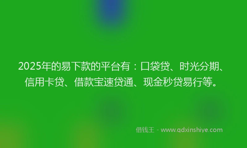 2025年的易下款的平台有：口袋贷、时光分期、信用卡贷、借款宝速贷通、现金秒贷易行等。