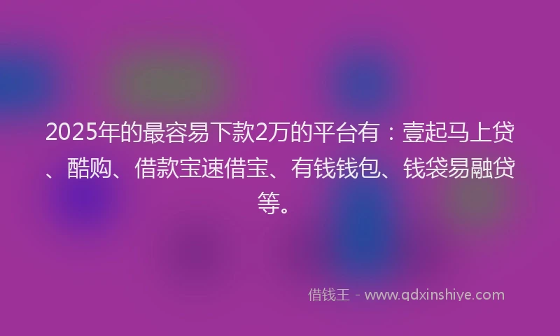 2025年的最容易下款2万的平台有：壹起马上贷、酷购、借款宝速借宝、有钱钱包、钱袋易融贷等。