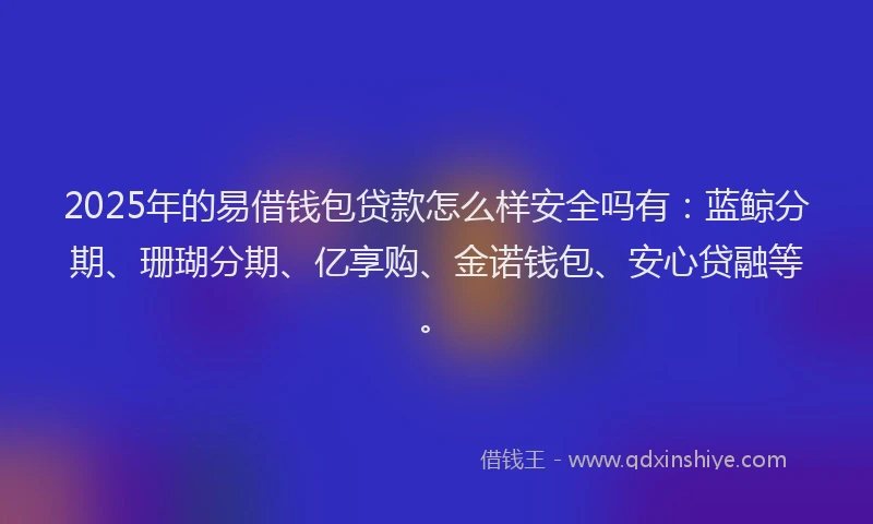 2025年的易借钱包贷款怎么样安全吗有：蓝鲸分期、珊瑚分期、亿享购、金诺钱包、安心贷融等。