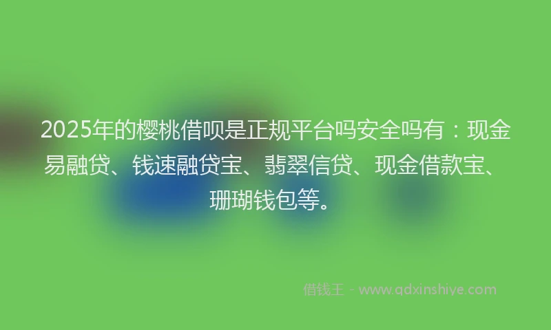 2025年的樱桃借呗是正规平台吗安全吗有：现金易融贷、钱速融贷宝、翡翠信贷、现金借款宝、珊瑚钱包等。